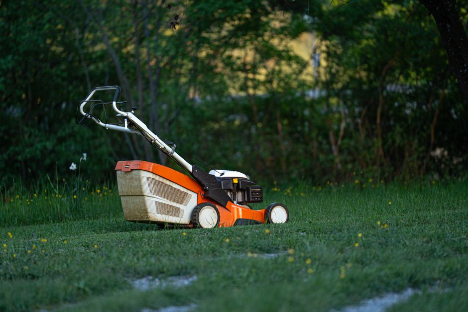 Professional operating a lawn mower on green grass